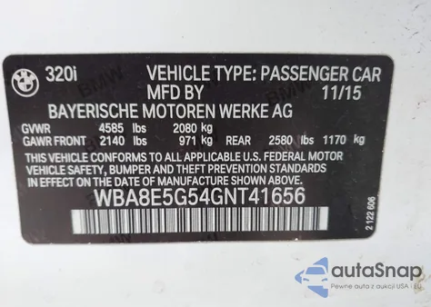 2016 BMW 320I xDrive z USA, uszkodzony, nr VIN WBA8E5G54GNT41656